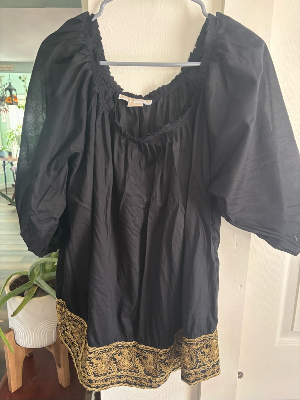 Black Peasant Blouse with Gold Embroidered Hem